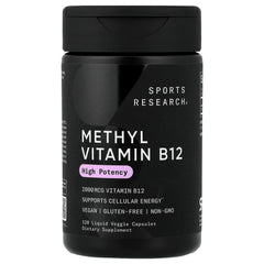 Sports Research Vitamin B12 bottle showing methylcobalamin for energy metabolism support