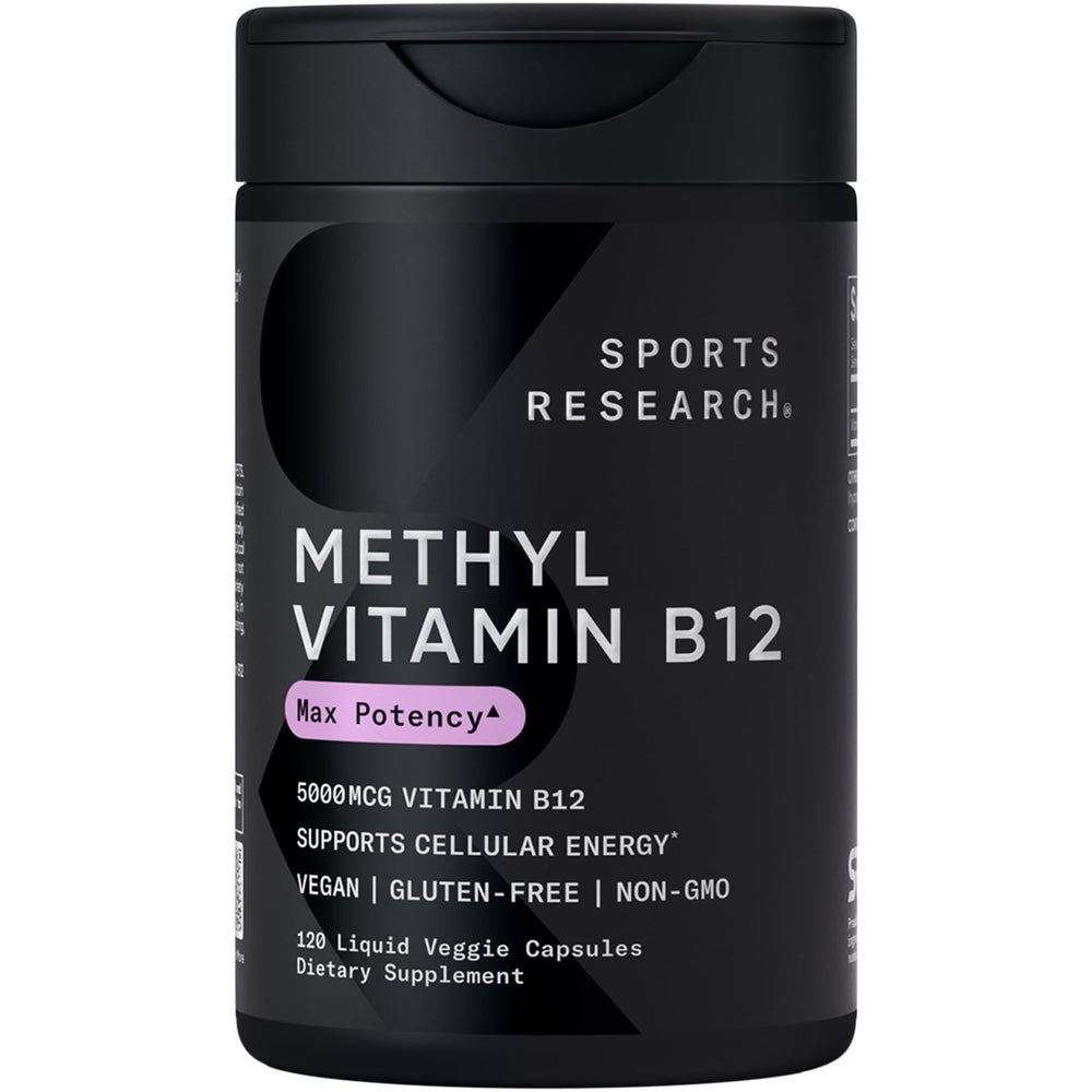 Sports Research Vitamin B12 methylcobalamin bottle cap close-up for metabolism support