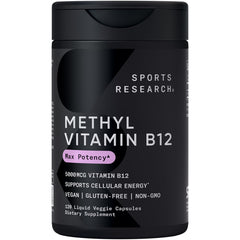 Sports Research Vitamin B12 methylcobalamin bottle cap close-up for metabolism support