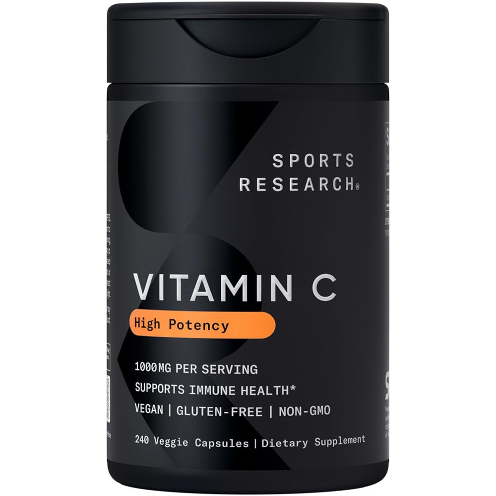 Sports Research Vitamin C 1000 mg bottle front with vegan capsules.