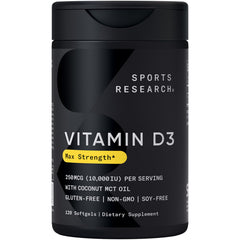 Sports Research Vitamin D3 10,000 IU bottle boosts bone and immune routines