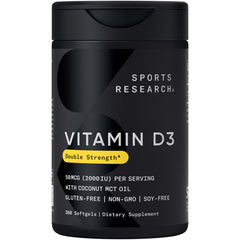 Sports Research Vitamin D3 bottle with mini softgels for easy daily use.