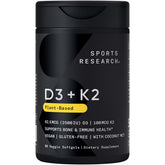 Sports Research vitamin D3 + K2 bottle shows plant-based, bone-supporting supplement.