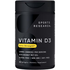 Sports Research Vitamin D3 bottle with MCT oil supports immune health.