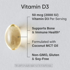 Close-up of Sports Research D3 mini softgel package close-up, compact and simple to swallow.