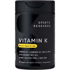 Sports Research Vitamin K Multi-Spectrum bottle shows triple K types for potential bone support