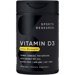Sports Research Vitamina D3 5000 UI: cápsula blanda fácil de tragar para uso diario.