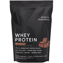 Sports Research Whey Protein bag in Dutch Chocolate flavor for lean muscle support.