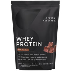 Sports Research Whey Protein Isolate Dutch Chocolate bottle shows rich flavor for post-workout shakes
