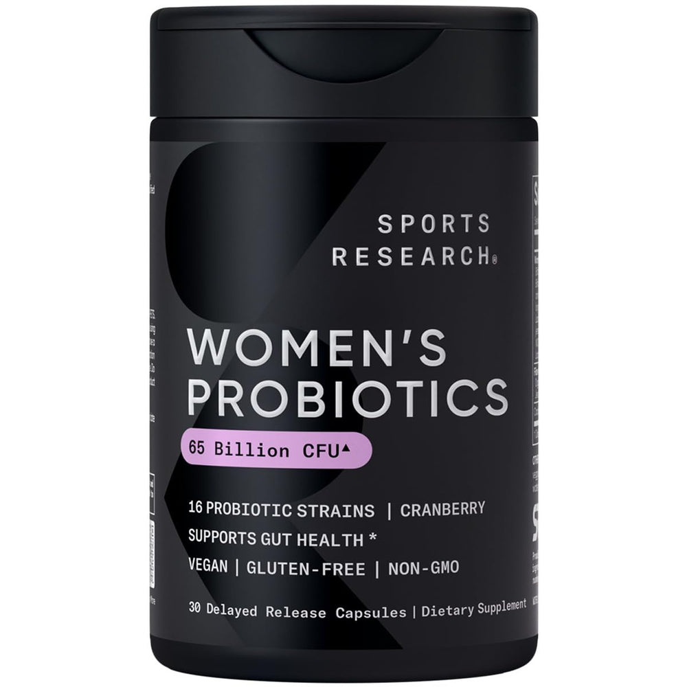 Sports Research women's probiotics bottle featuring 65 billion CFU for daily gut support