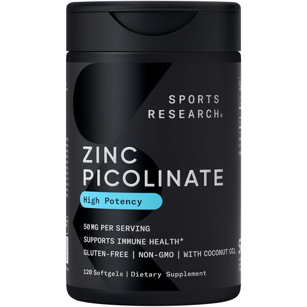 Sports Research zinc picolinate 50mg bottle showcases high-potency supplement for immune support.