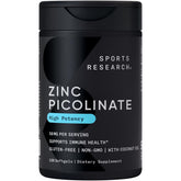 Sports Research zinc picolinate 50mg bottle showcases high-potency supplement for immune support.