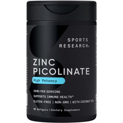 Sports Research Zinc Picolinate 50 mg bottle for daily immune support.