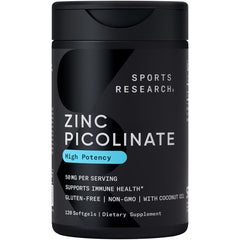 Sports Research zinc picolinate 50mg bottle showcases high-potency supplement for immune support.