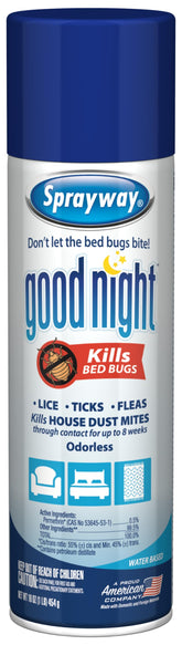 Sprayway Good Night bed bug spray bottle ready for odorless treatment.