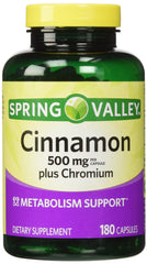 Spring Valley Cinnamon 500mg Plus Chromium bottle front supports daily metabolic balance.