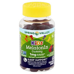 Spring Valley vegetarian melatonin gummies for kids in a bottle, supporting sleep routines.