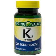 Spring Valley Vitamin K2 softgel bottle supports bone health and calcium transport.