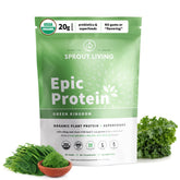 Sprout Living Epic Protein bottle front showing a gluten-free vegan protein blend.