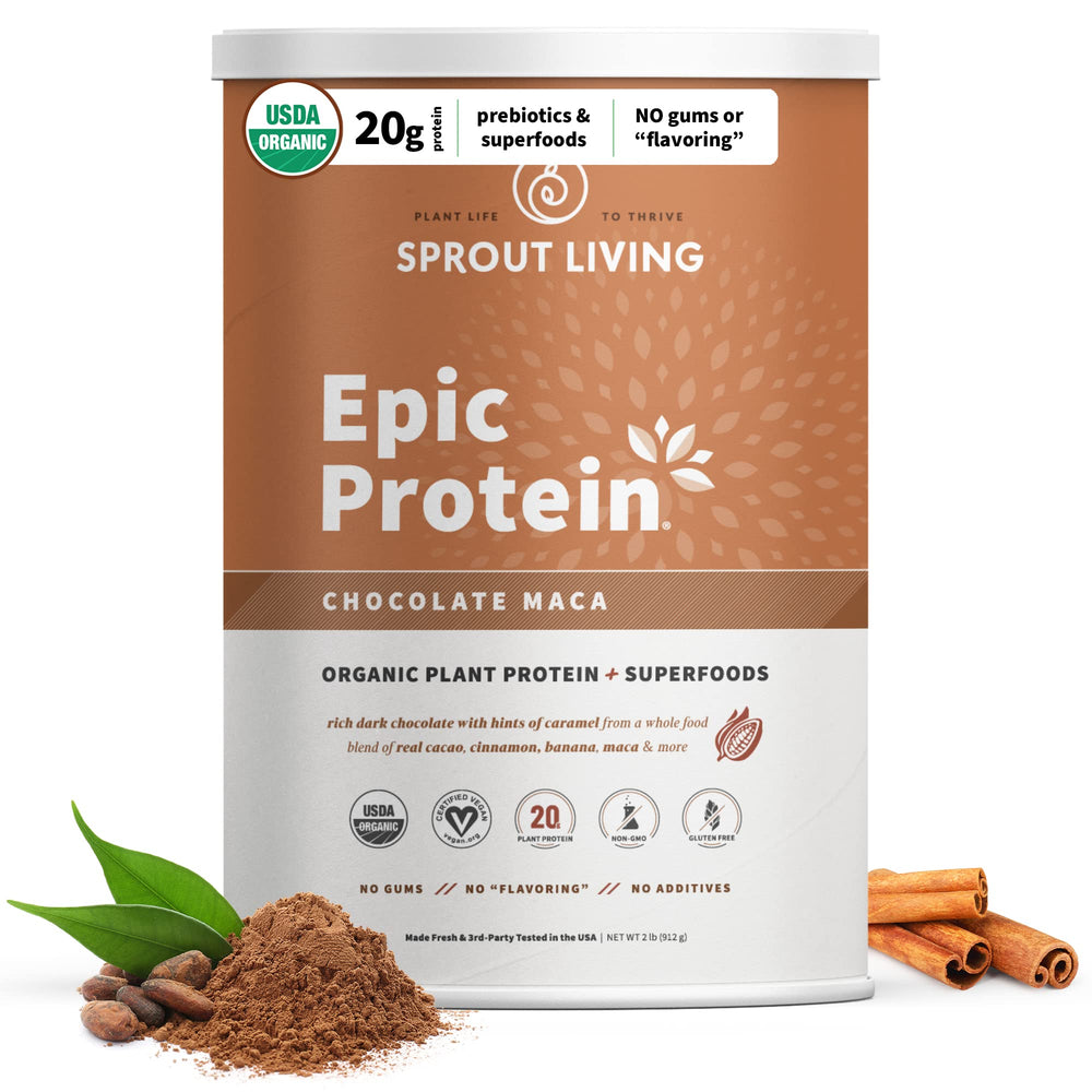 Sprout Living Epic Protein bottle with chocolate maca shows plant-based protein at a glance.