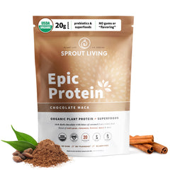 Sprout Living Epic Protein Chocolate Maca powder tub showing protein-packed plant protein for daily fueling.