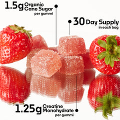 SquatGummi creatine gummies strawberry close-up emphasizes tasty flavor and easy supplementation.