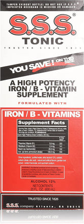 S.S.S. CO tonic liquid bottle shows iron-rich formula for energy support.