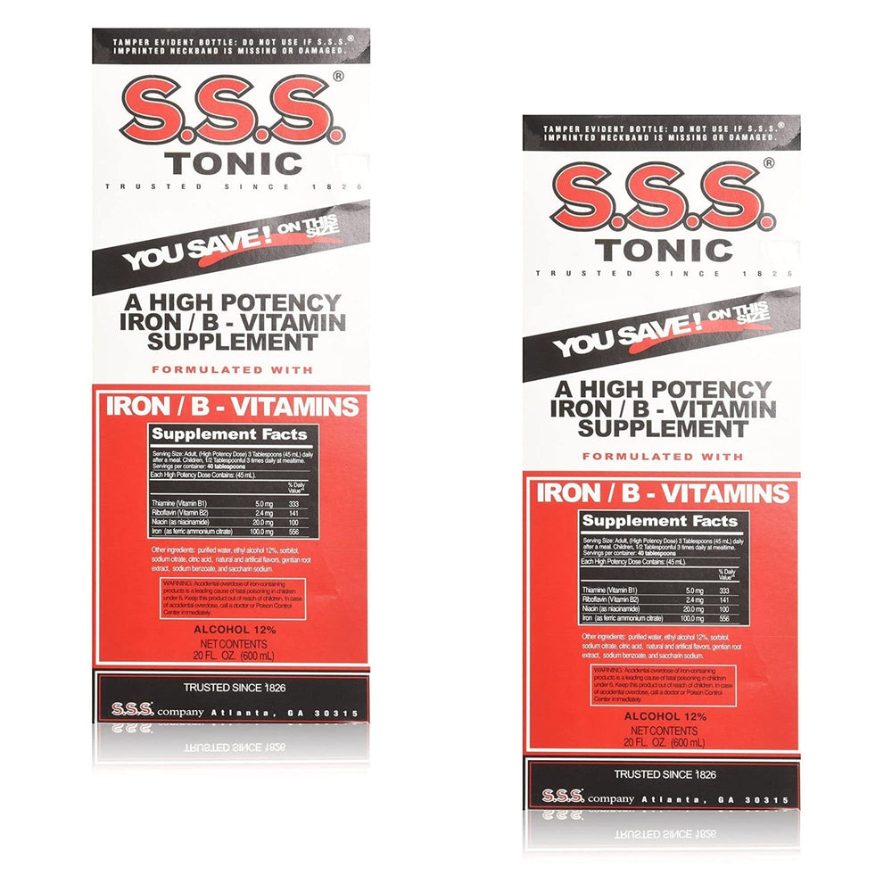 S.S.S. Tonic bottle being poured, iron and B vitamins for energy support.