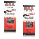 S.S.S. Tonic bottle being poured, iron and B vitamins for energy support.