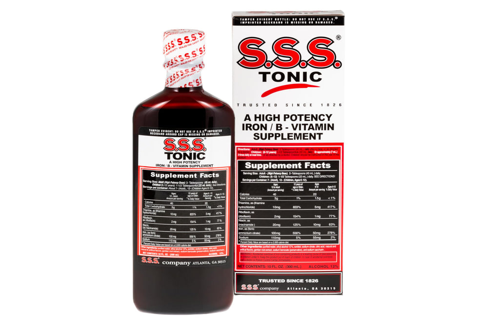 S.S.S. Tonic bottle highlighting iron and B vitamins for daily energy support.