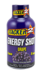 Stacker 2 Energy Shot Grape packaging highlighting factory-sealed freshness and 24-bottle value.