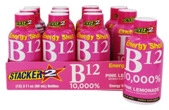 Stacker 2 Pink Lemonade shot pack highlights 12-pack convenience.