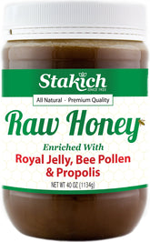 Stakich royal jelly, bee pollen, propolis raw honey in a 40oz bottle showcases pure, natural energy.