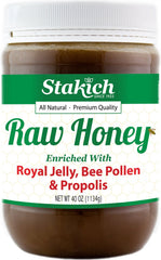 Stakich royal jelly, bee pollen, propolis raw honey in a 40oz bottle showcases pure, natural energy.