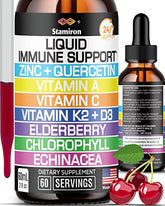 Stamiron immune support liquid bottle being poured for daily immune health.
