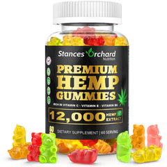 Stances Orchard hemp gummies bottle front, vegan and organic relaxation support.