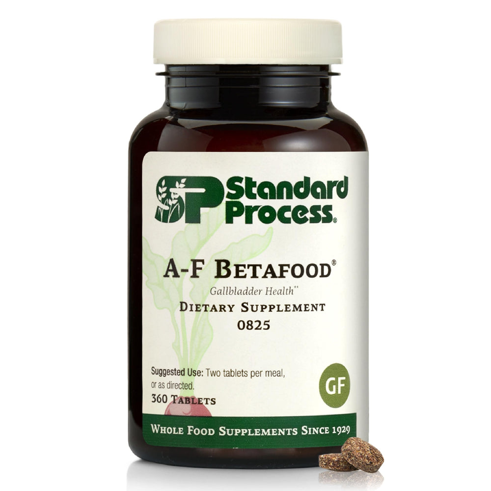 Standard Process A-F Betafood bottle label indicating gallbladder support.