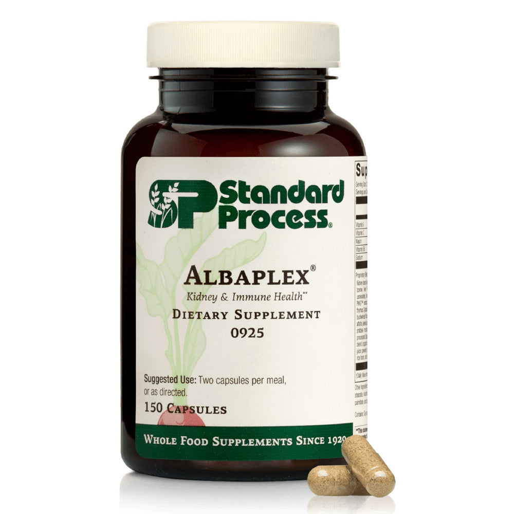 Standard Process Albaplex bottle front label highlighting liver and immune support features.