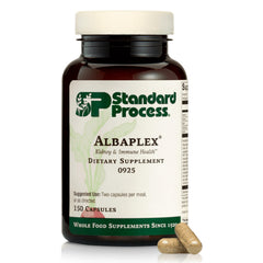 Standard Process Albaplex bottle front label highlighting liver and immune support features.