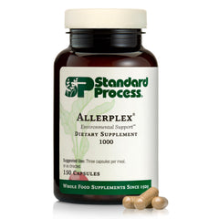 Standard Process Allerplex bottle on a counter ready for daily use supporting mucus health