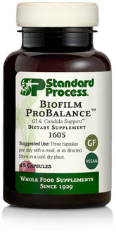 Standard Process Biofilm ProBalance bottle on kitchen counter for daily digestive wellness.