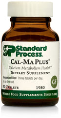 Standard Process Cal-Ma Plus bottle front view highlighting calcium support for bones and nerves.