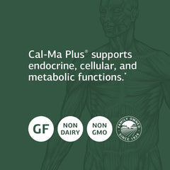 Standard Process Cal-Ma Plus label highlighting gluten-free, dairy-free, soy-free features.
