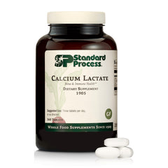 Standard Process Calcium Lactate bottle front view highlights vegan bone support.