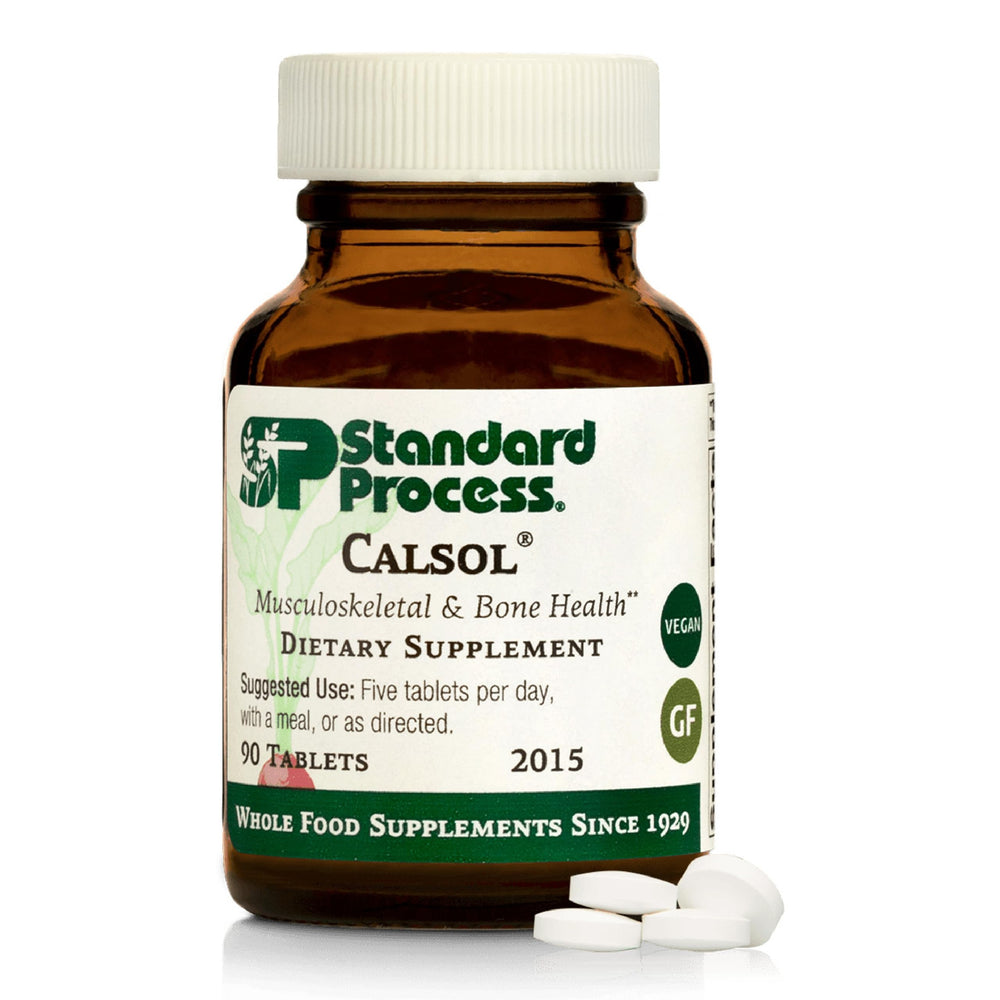 Standard Process Calsol bottle front view highlighting packaging and calcium-phosphorus support