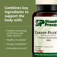 Standard Process Cardio-Plus GF ingredients panel highlights nutrient blend for energy metabolism.