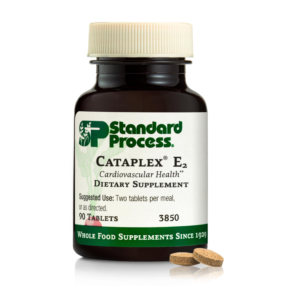 Standard Process Cataplex E2 bottle front view highlighting heart and cellular health support.