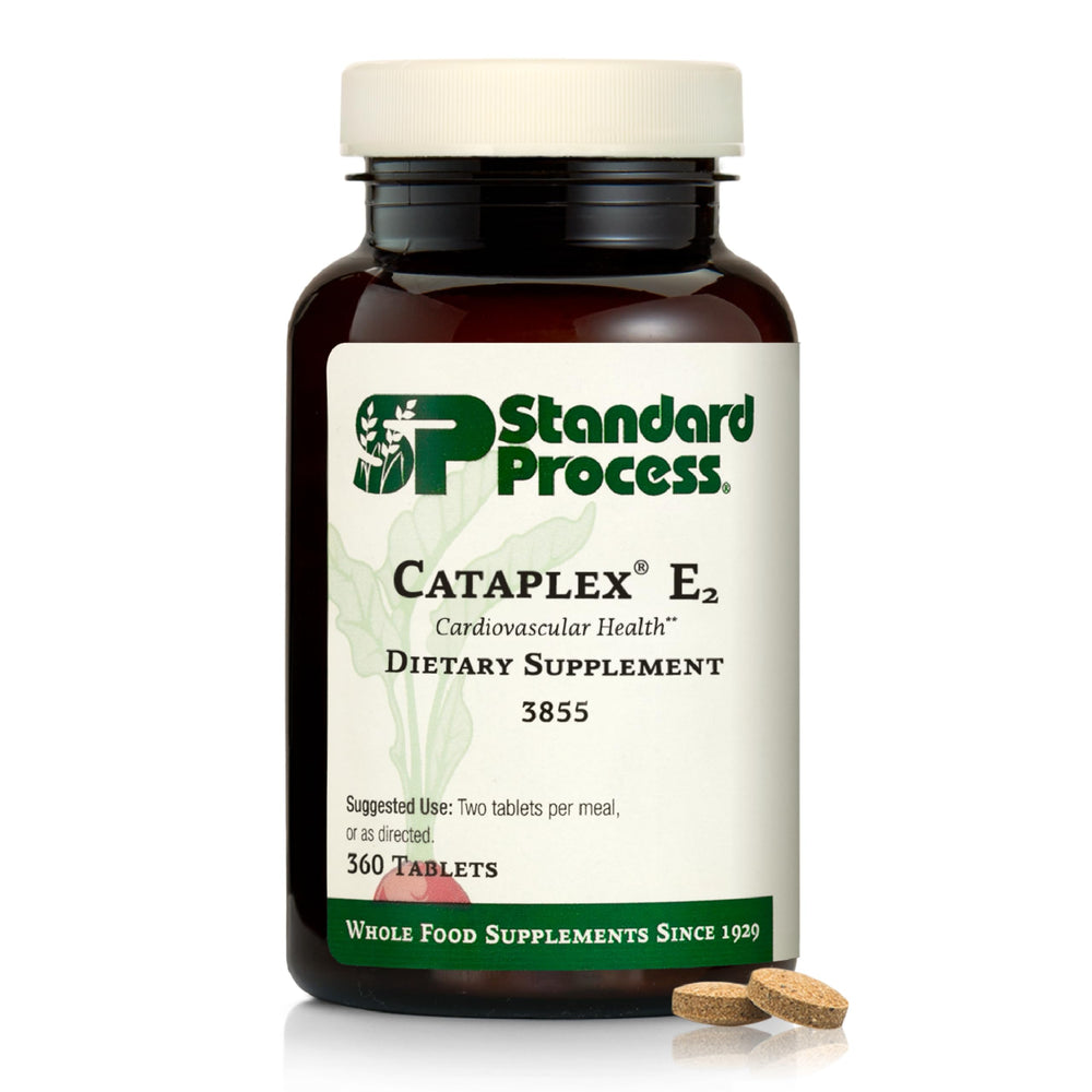 Standard Process Cataplex E2 bottle label highlights vitamin E and selenium for antioxidant support.
