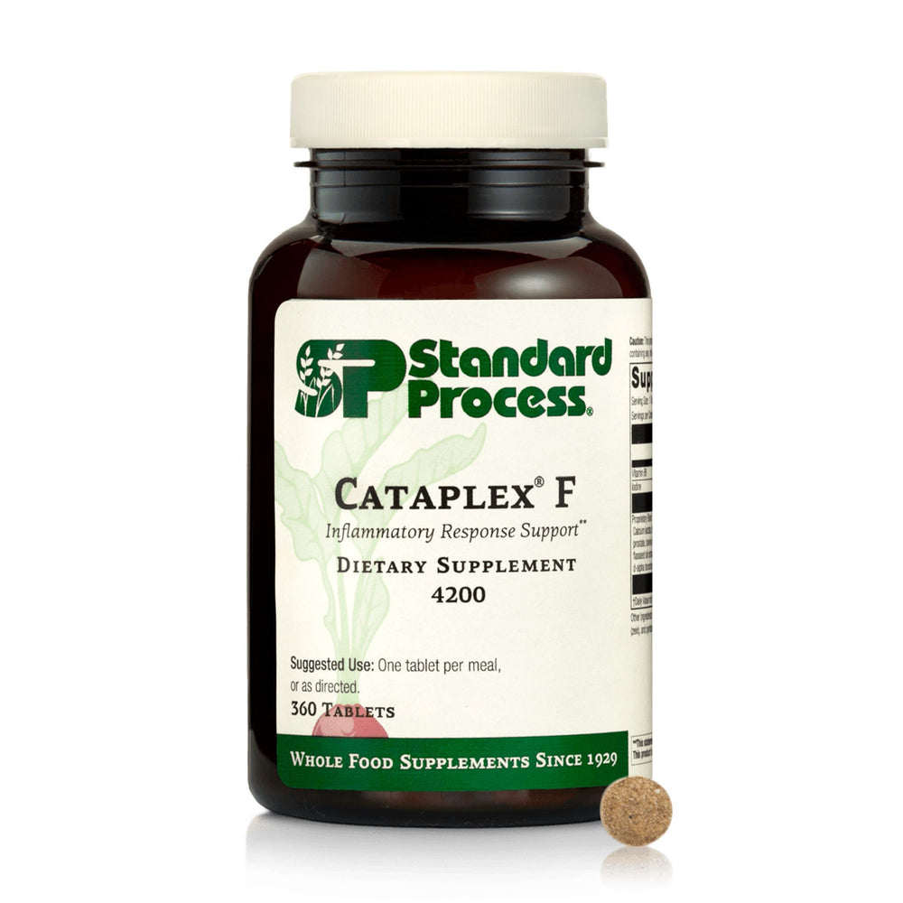 Standard Process Cataplex F tablet close-up highlighting energy-supporting B6 and iodine.