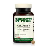 Standard Process Cataplex F tablet close-up highlighting energy-supporting B6 and iodine.